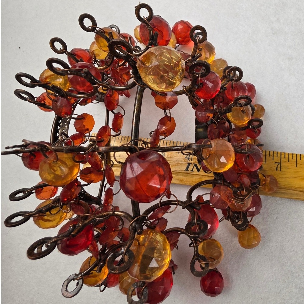 Bronze Beaded Hanging Tea Light Candle Holder Amber Red Acrylic Jewel Tones Boho - Picture 4 of 4